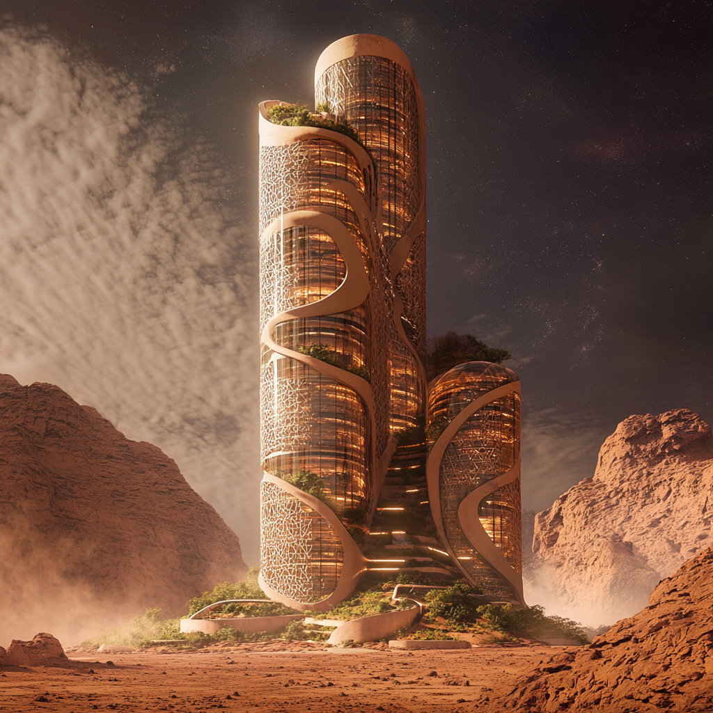 High-rise building on Mars harmonizing with nature and community.