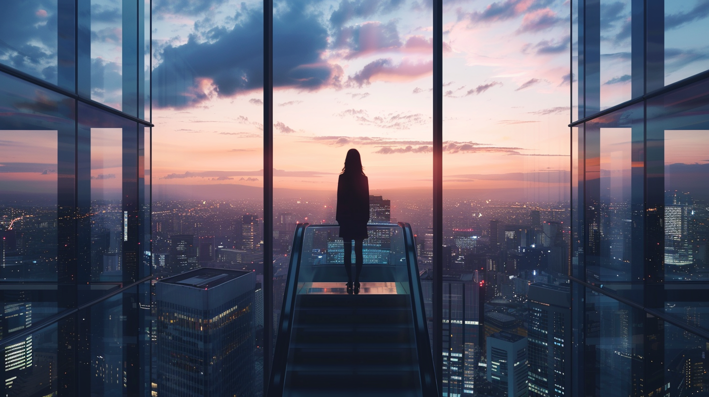 High-rise businesswoman overlooking city, symbolizing success journey.