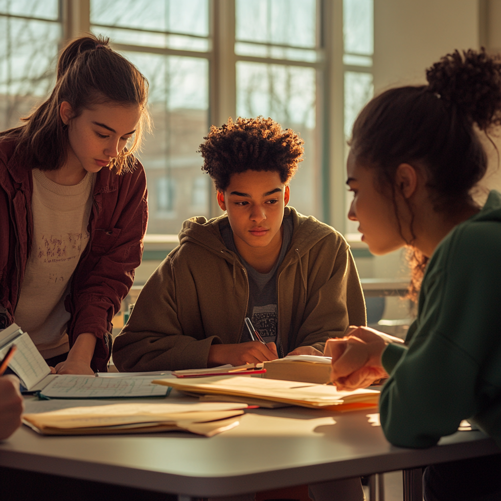 High school student focused, supported by teachers kindly.