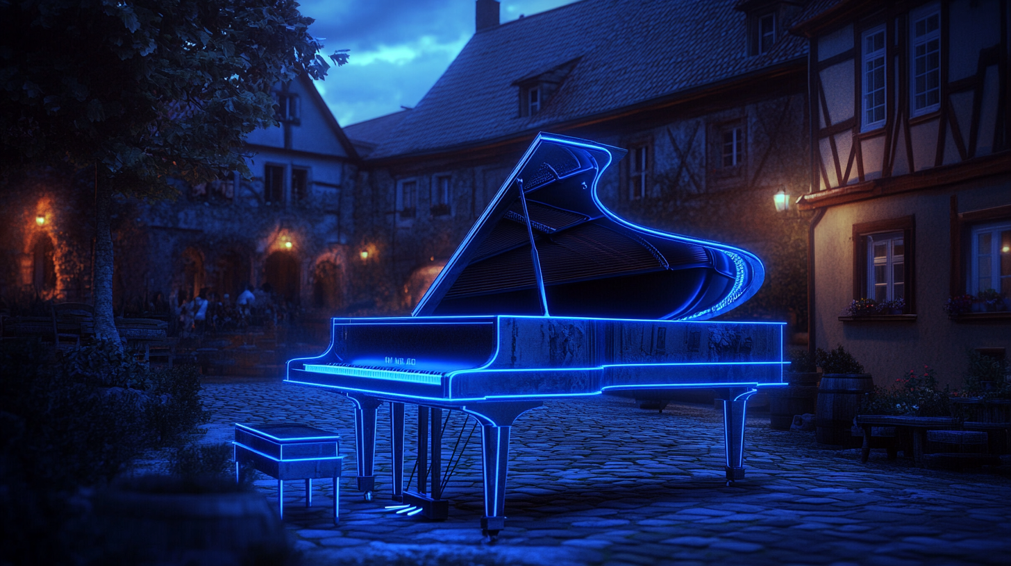 High tech grand piano in 17th century square.