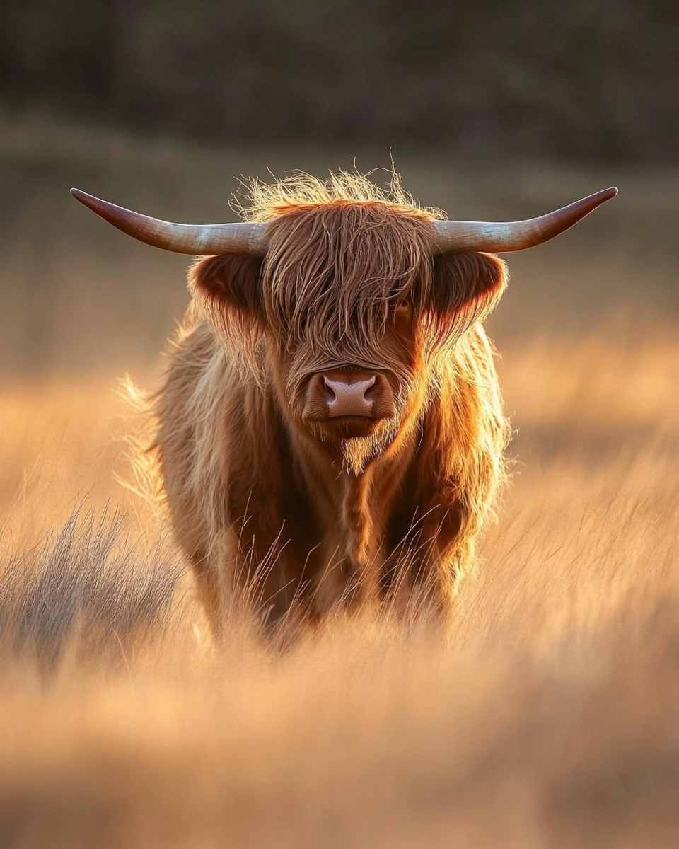 Highland cattle bull in dramatic lighting and detail