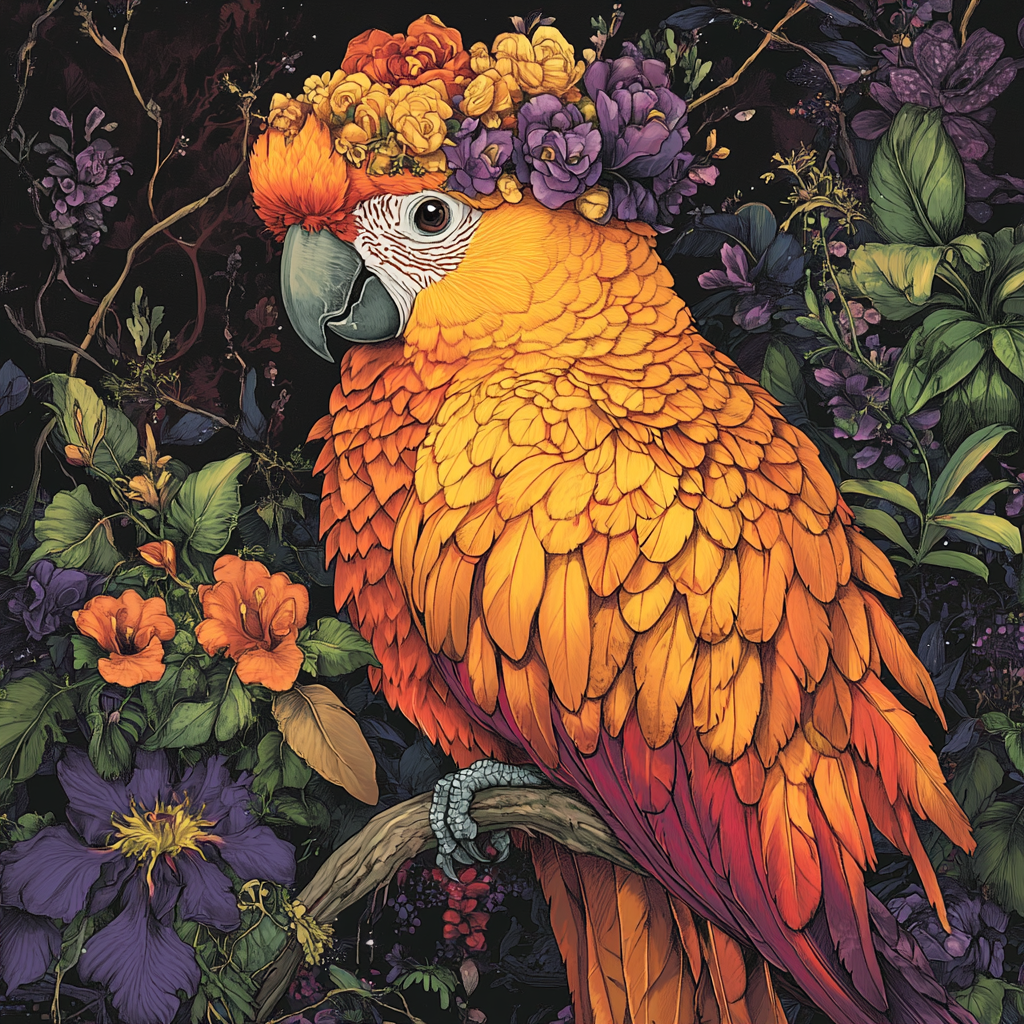 Highly detailed and mystical orange parrot illustration prompt.