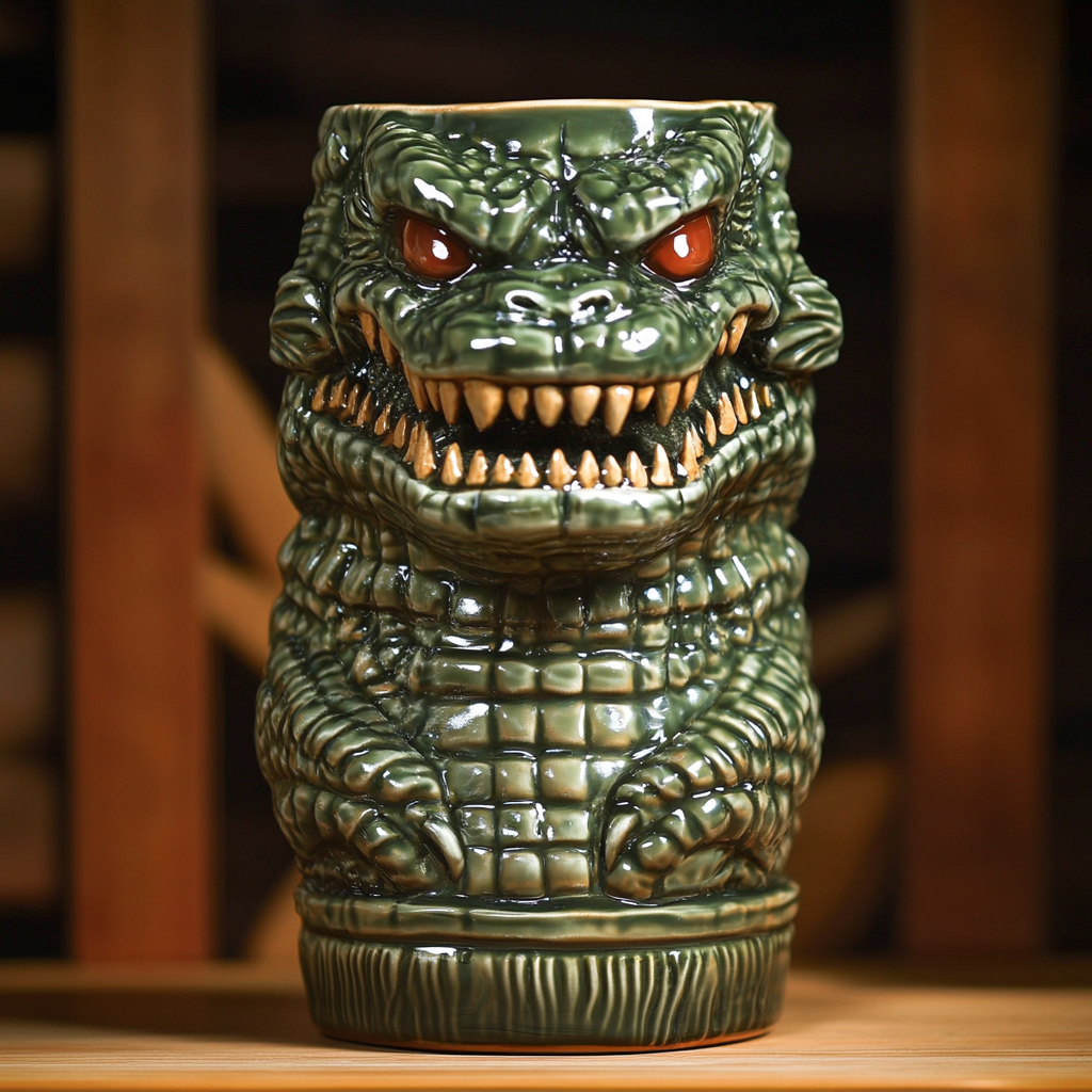 Highly detailed ceramic Godzilla tiki mug. Ambient lighting.