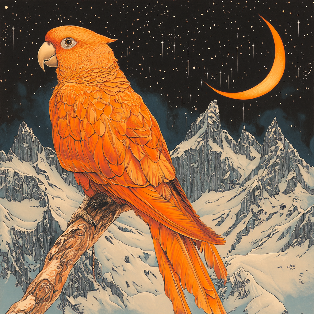 Highly detailed magical illustration focus on majestic orange parrot.