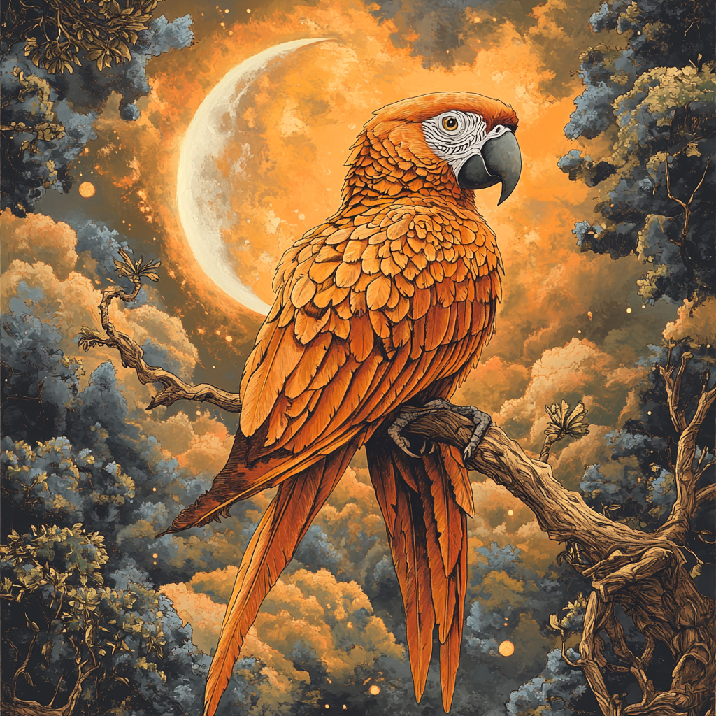 Highly detailed magical illustration of majestic orange parrot.