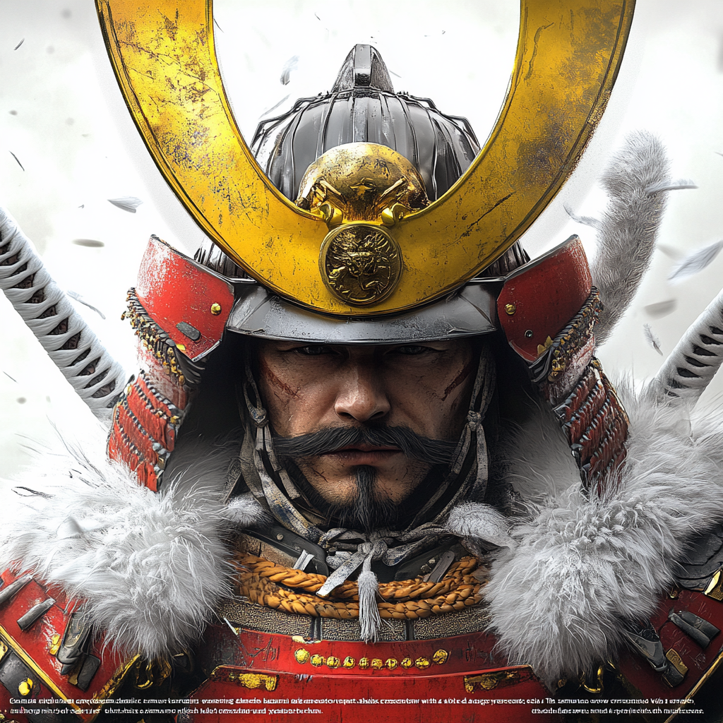 Highly detailed samurai warrior in ornate kabuto helmet.