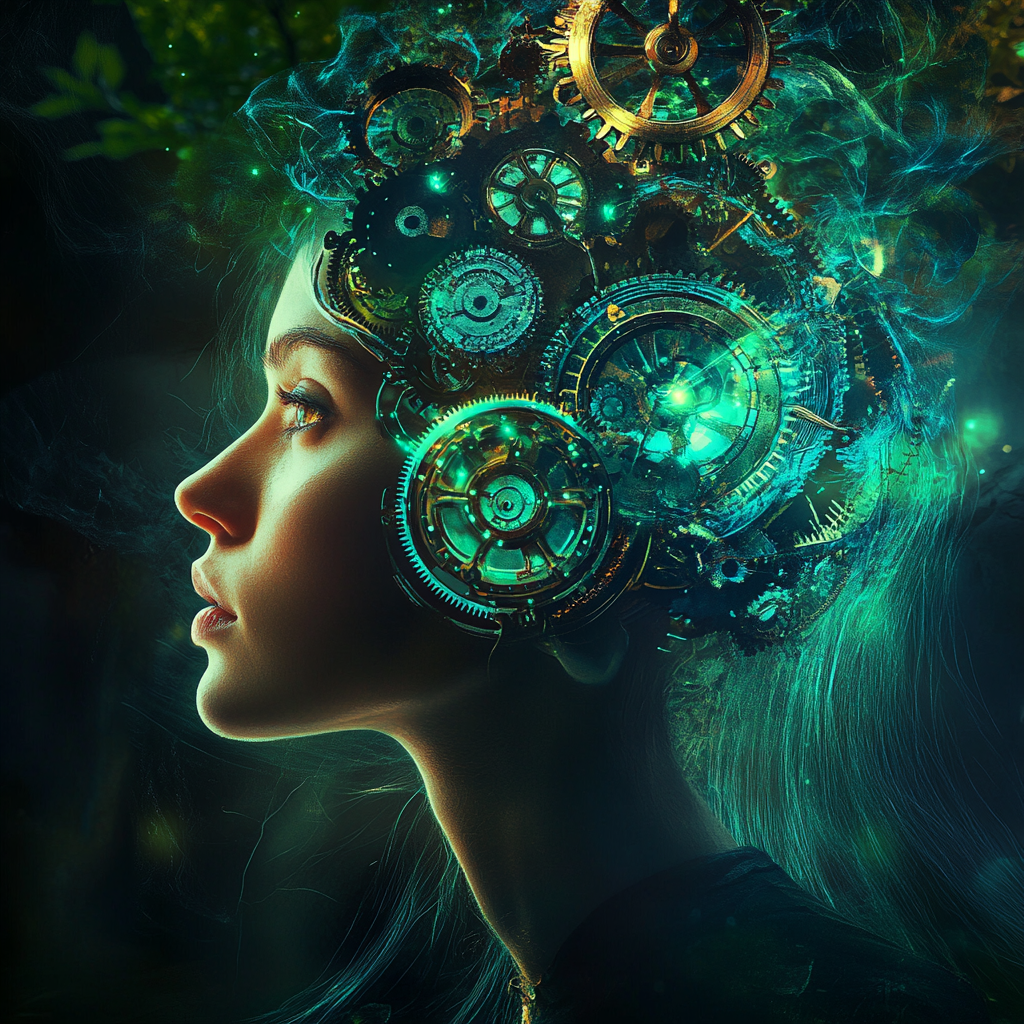 Highly detailed woman with gears and clocks inside head.