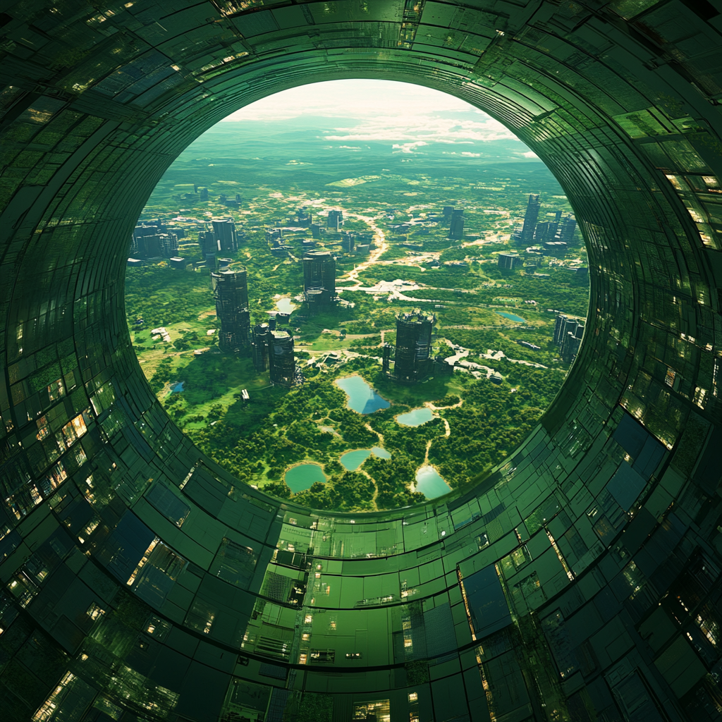 Highly realistic image of futuristic space colony in cylinder.