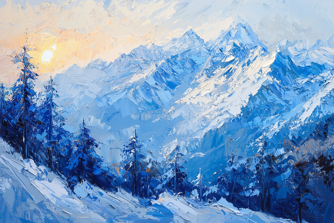 Himalayan mountains oil painting with blue trees.