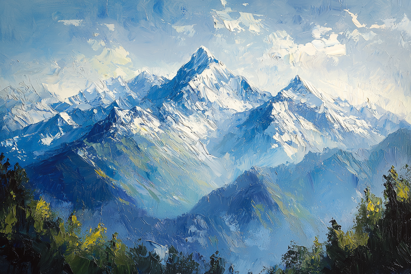 Himalayan mountains oil painting with green trees, sunny day.