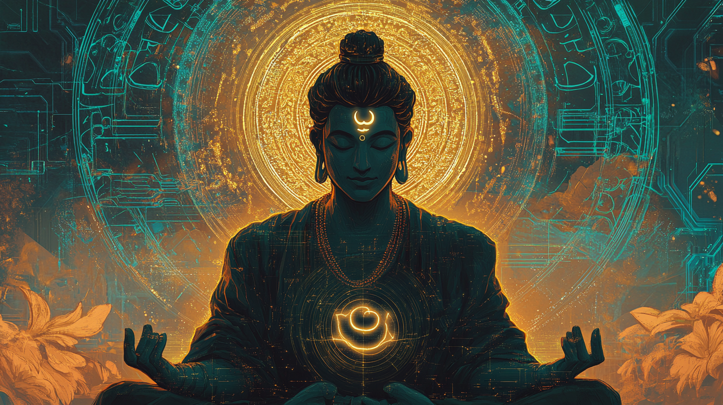 Hindu Sage Meditating Among Digital Circuitry Lines