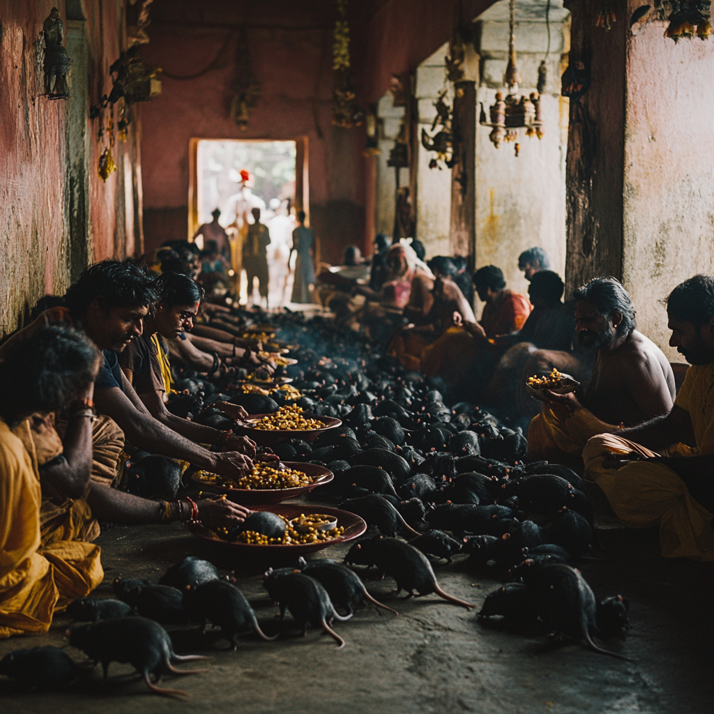 Hindu Temple with 25,000 Black Rats, Devotees Sharing Food in Indian Village