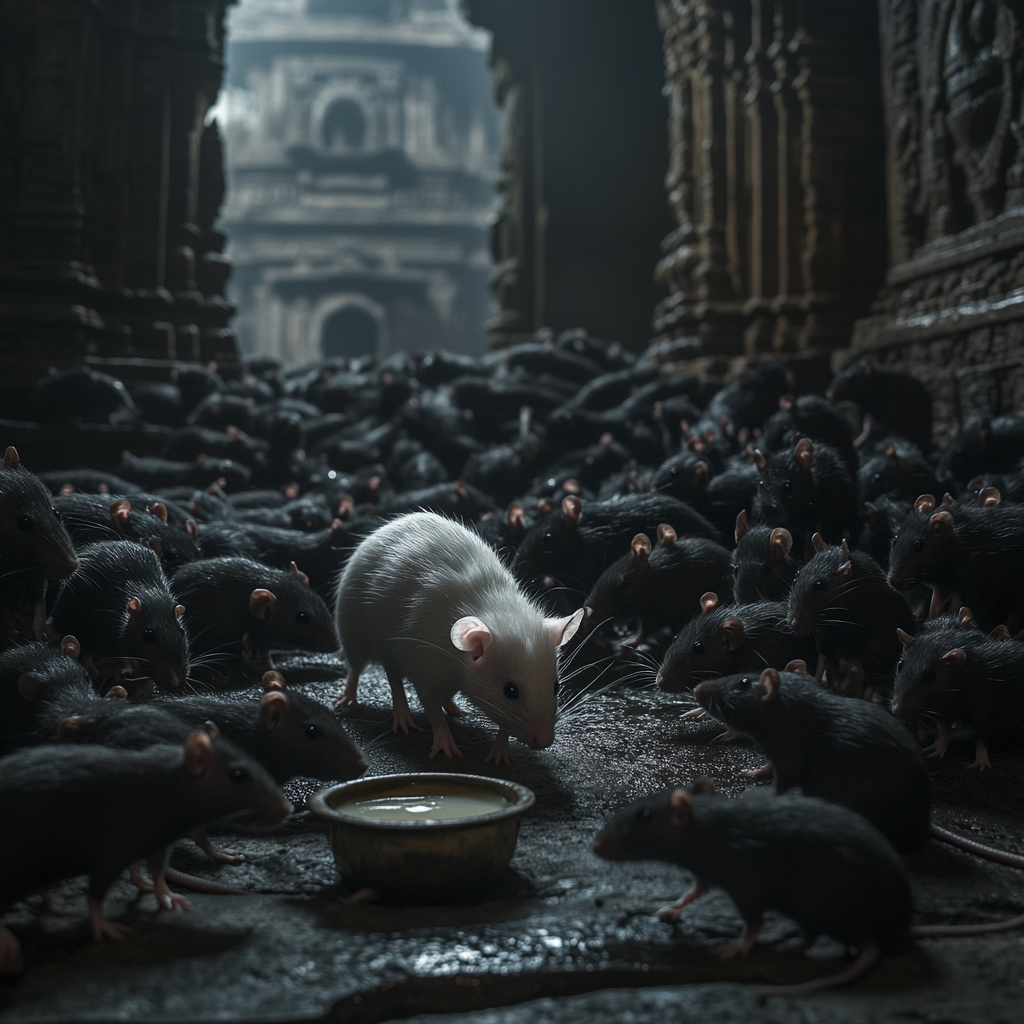 Hindu Temple: Black Rats and White Rat Drinking Milk