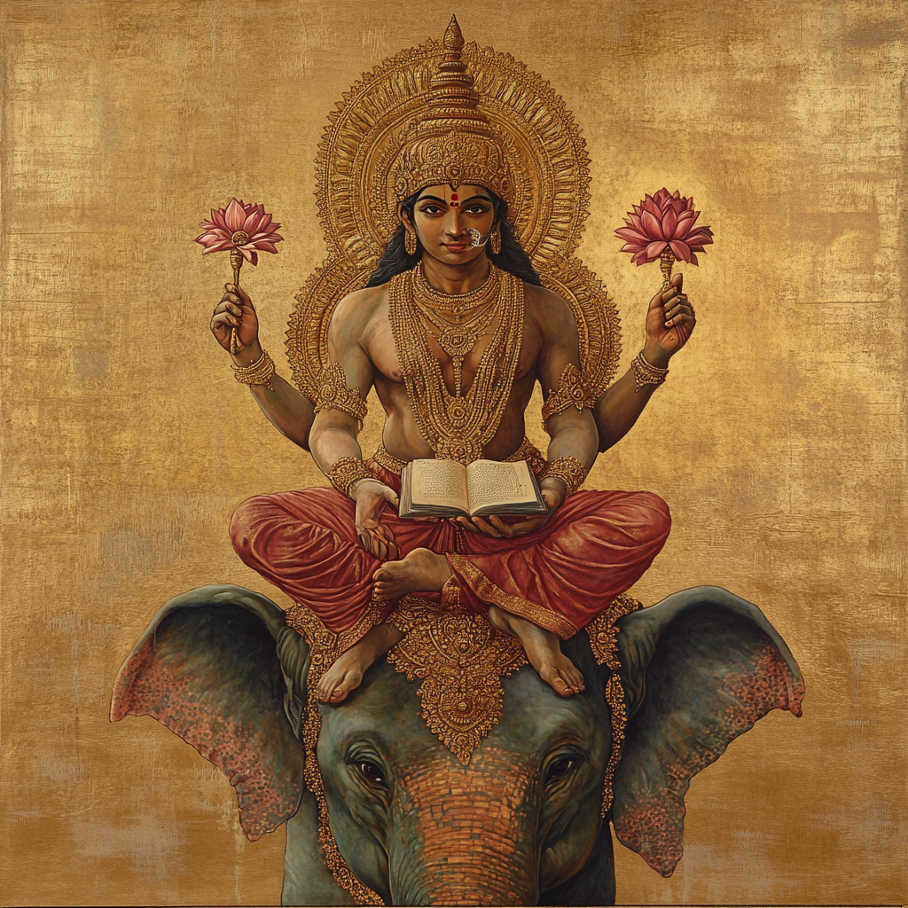 Hindu god Brihaspati sitting on elephant, holding items