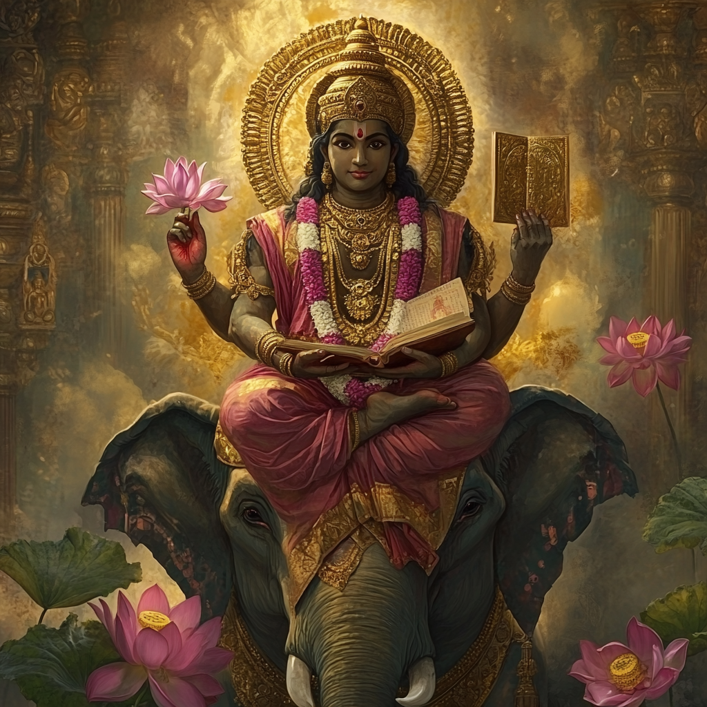 Hindu god Brihaspati sitting on elephant with attributes.