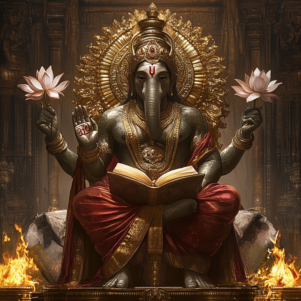 Hindu god Brihaspati with 4 hands, on elephant.