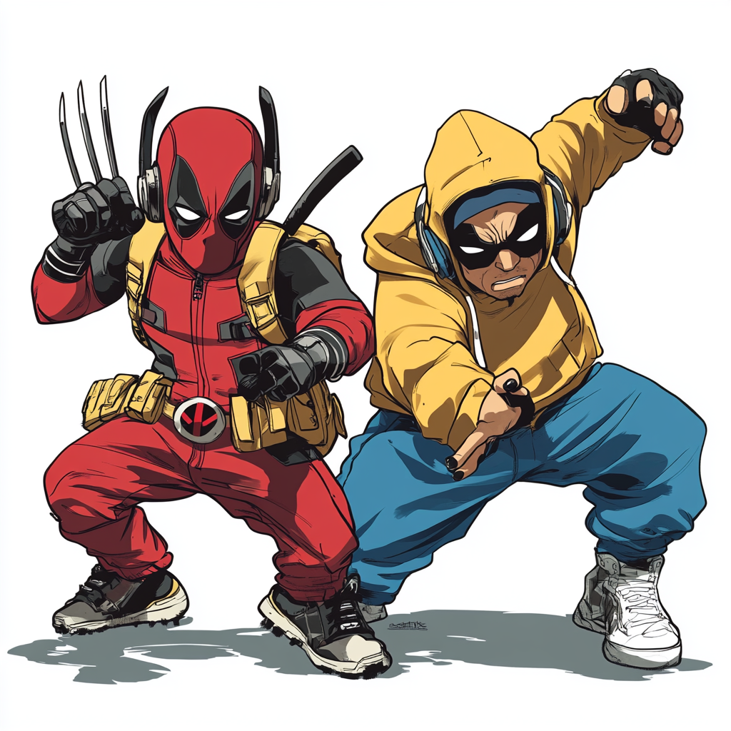 Hip hop dancers Deadpool and Wolverine, breakdance pose.