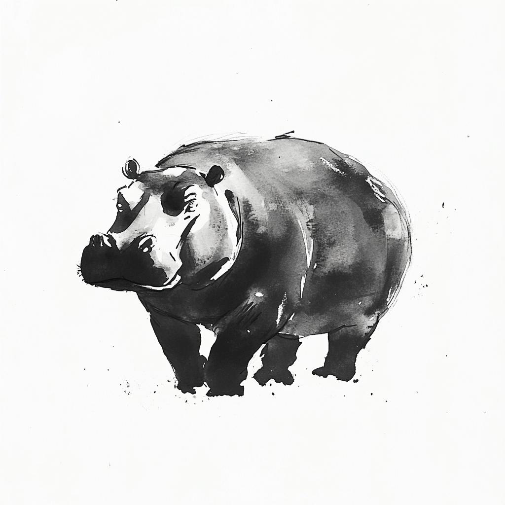 Hippo in ink wash, simple and gentle.