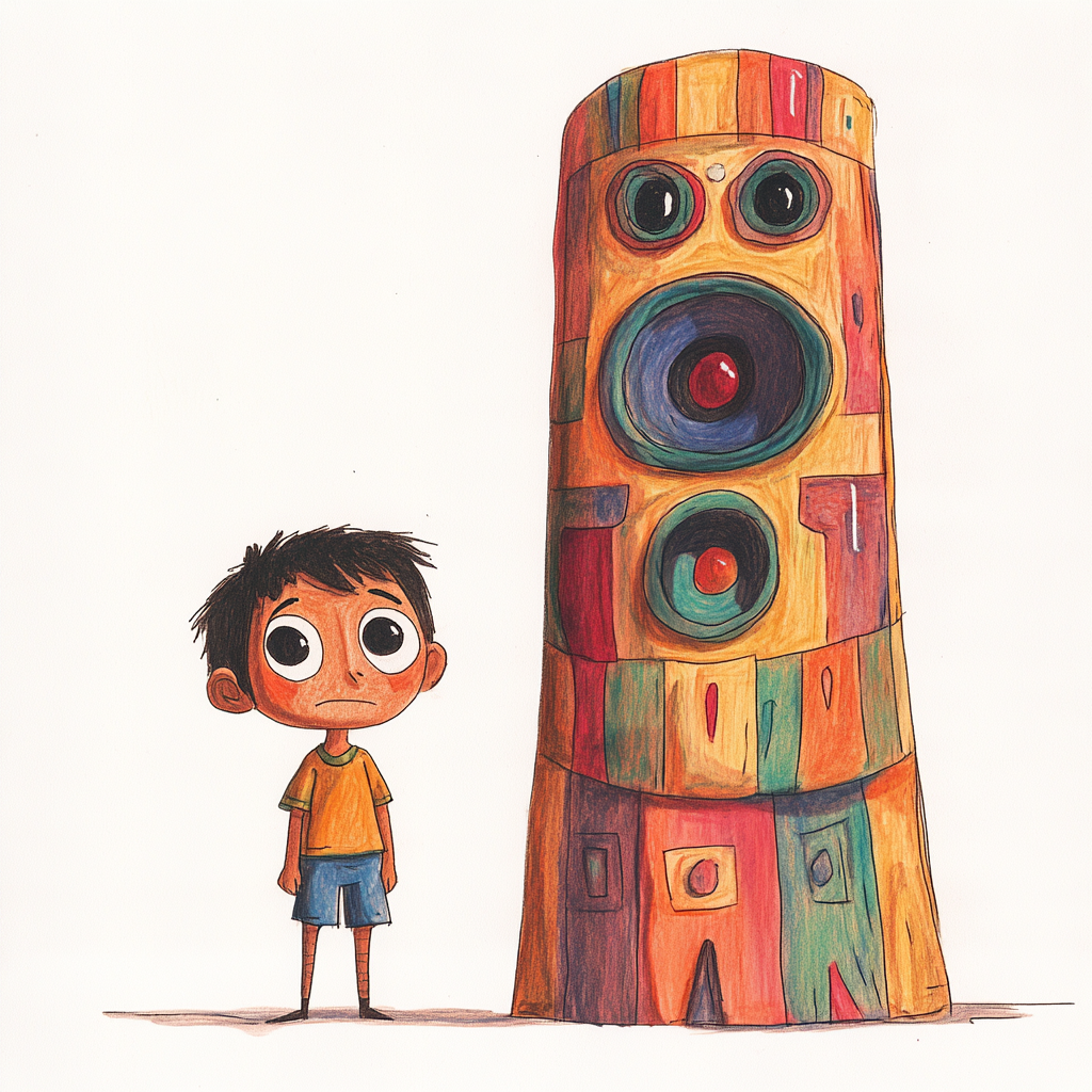 Hispanic Toddler with Speaker in Crayon Style