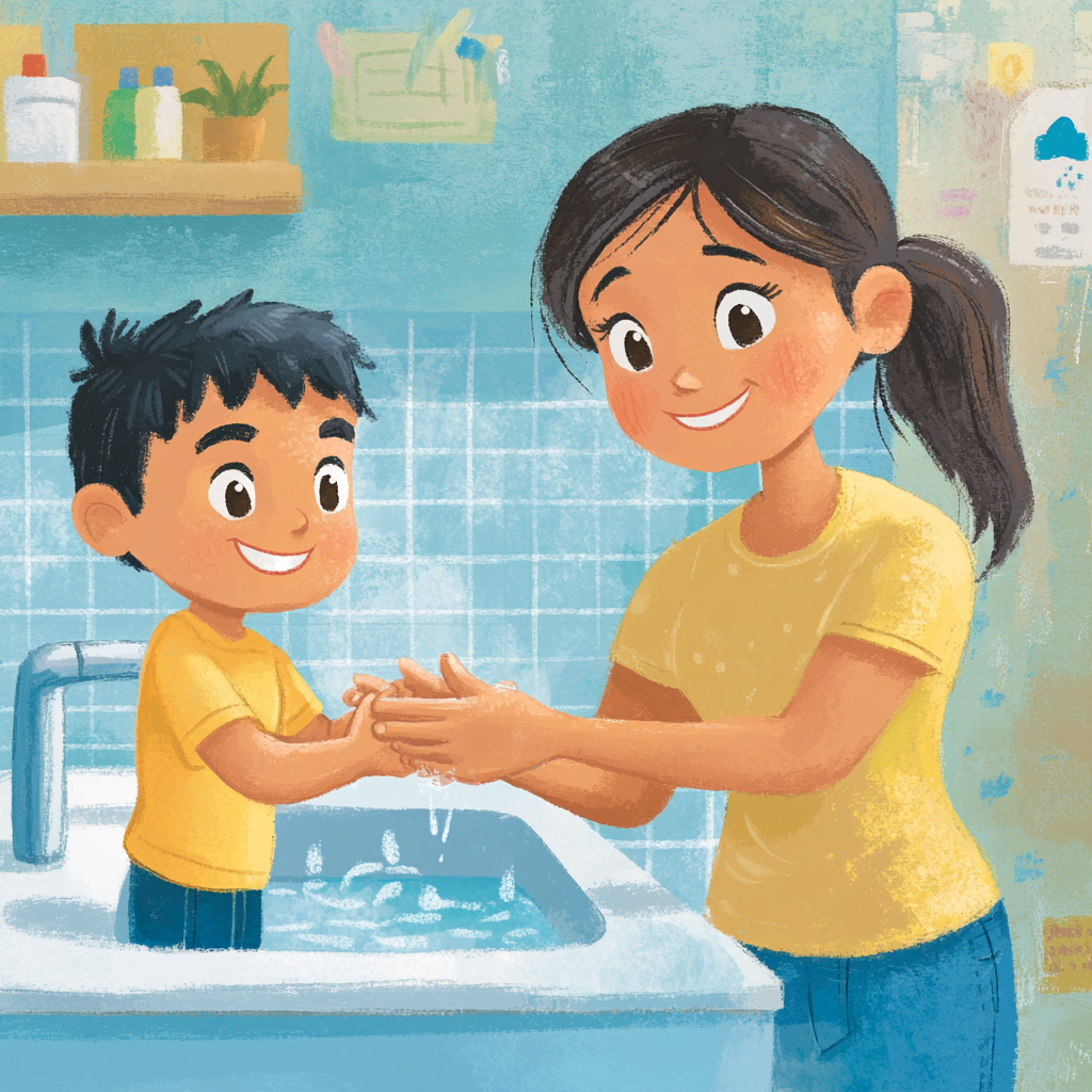 Hispanic boy washing hands in PreK classroom with teacher.