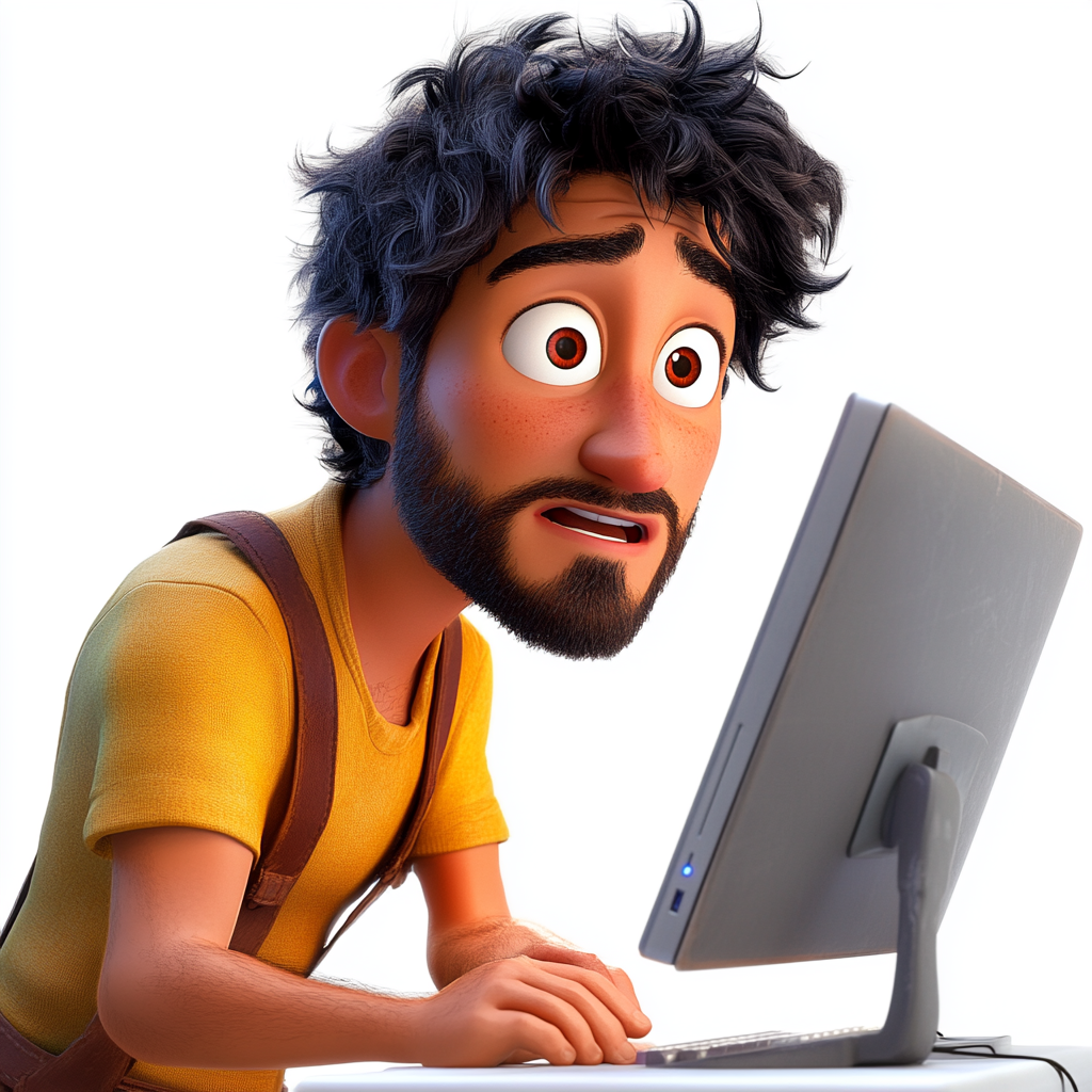 Hispanic guy content on computer, age 27-33, clean-cut beard.