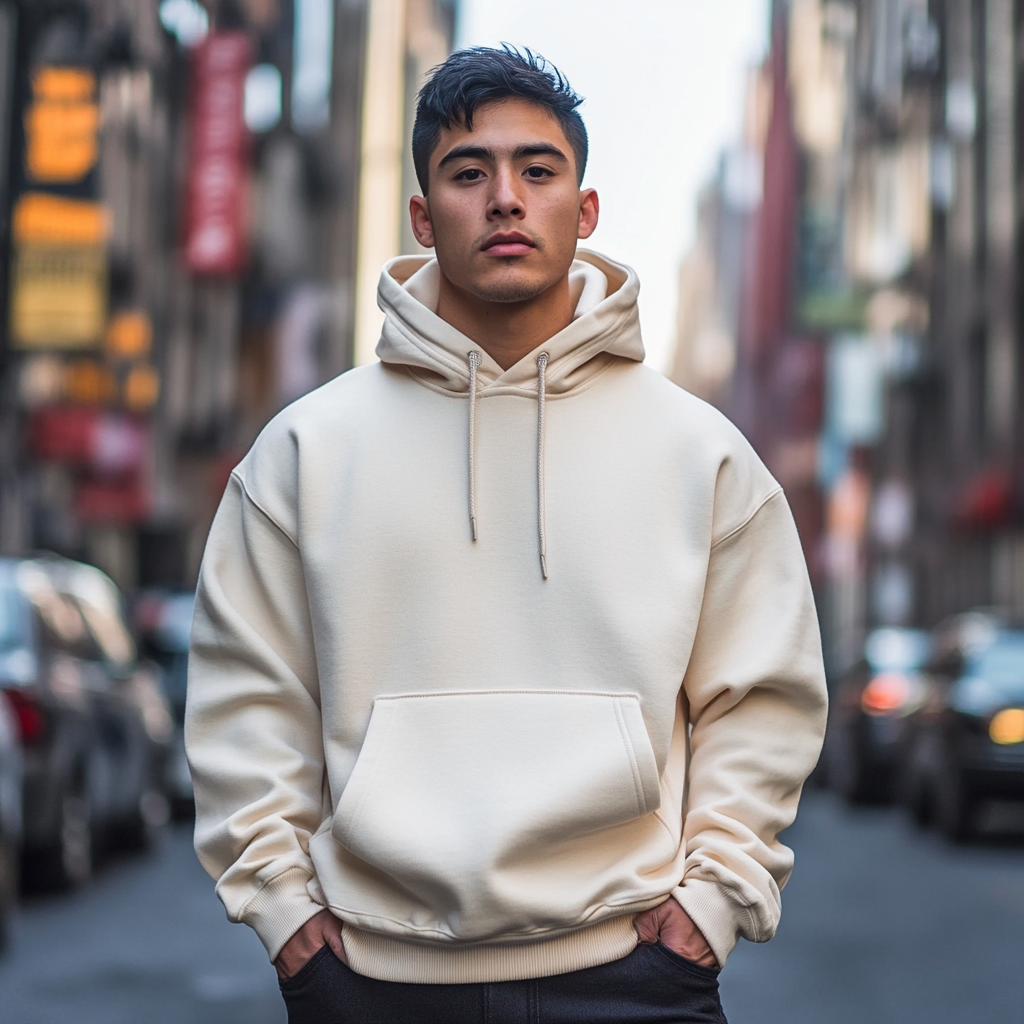 Hispanic male model in Gildan Hoodie on city street.