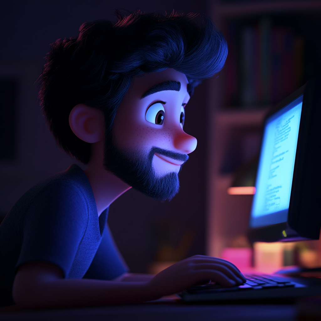 Hispanic man, 27-33, happy, working on computer at night.