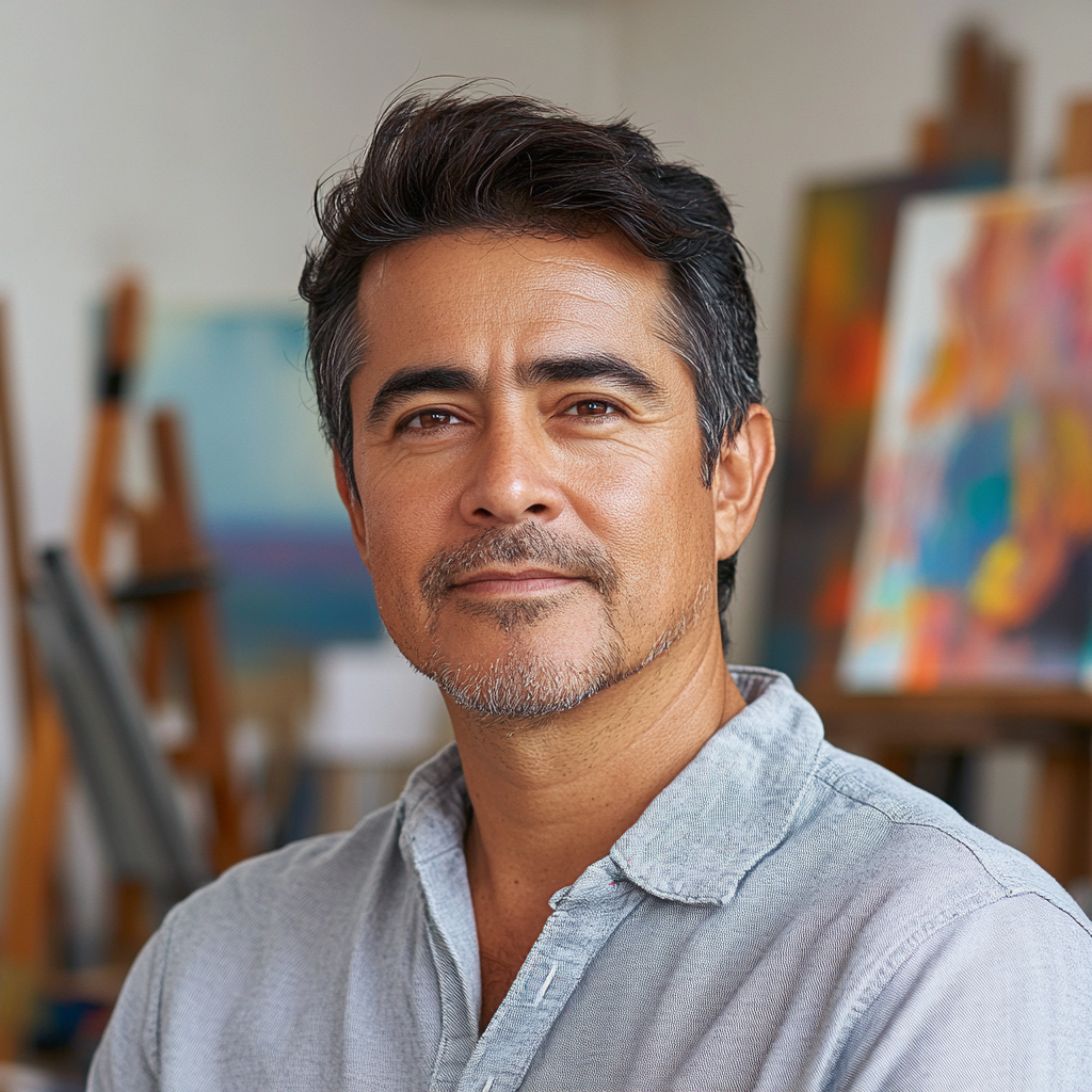 Hispanic man, wavy hair, stubble, friendly, thoughtful in art studio.