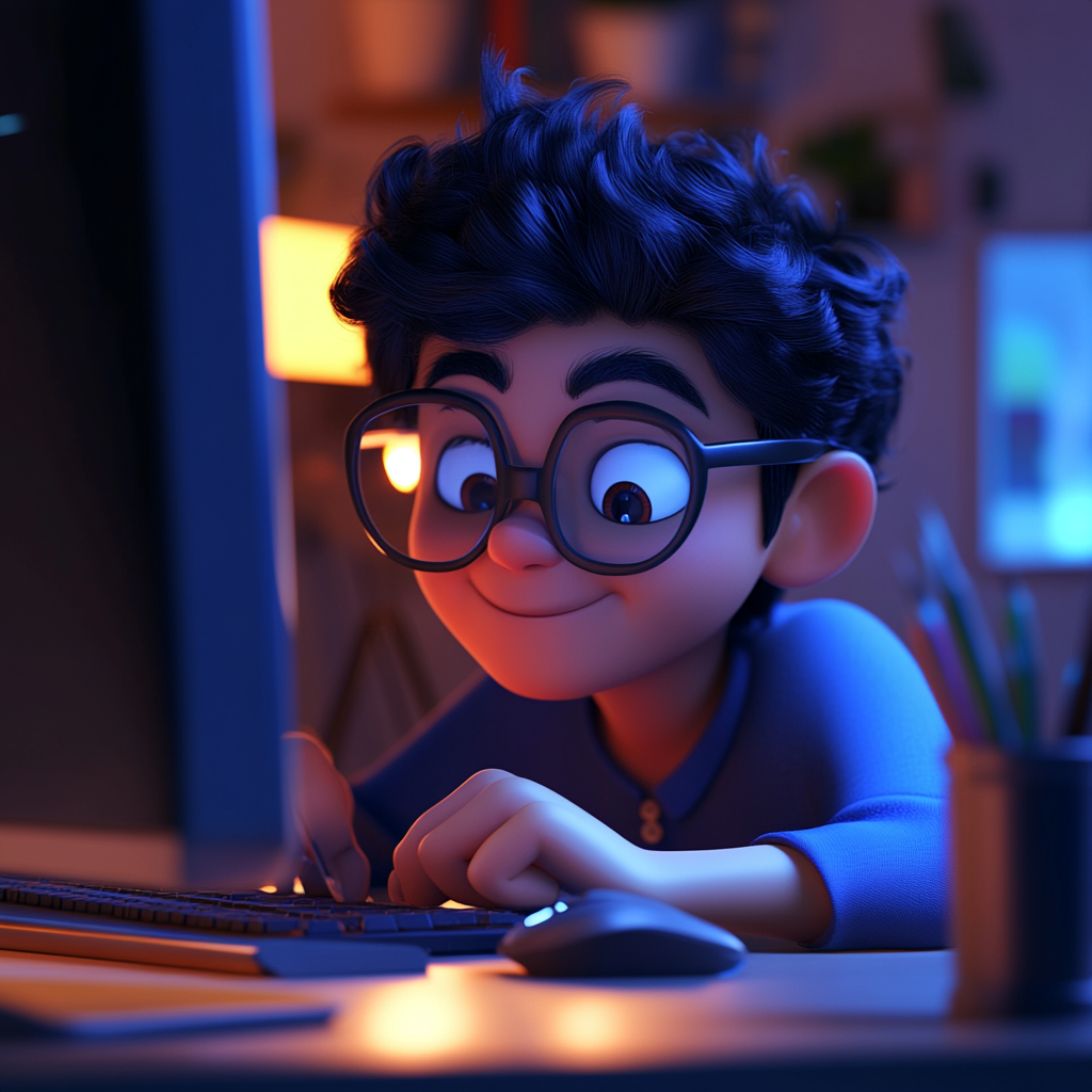 Hispanic man at computer in 3D Pixar theme.