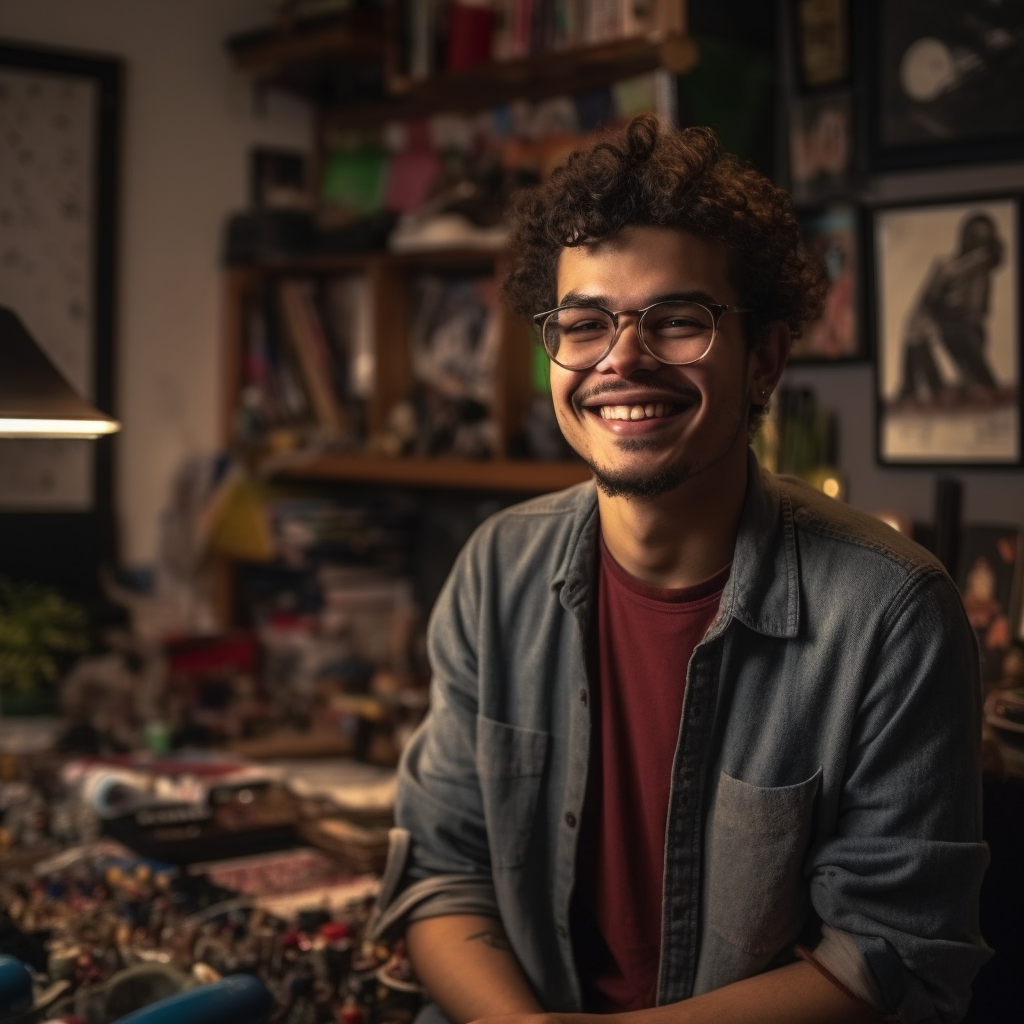 Hispanic man in urban apartment with 3D printer