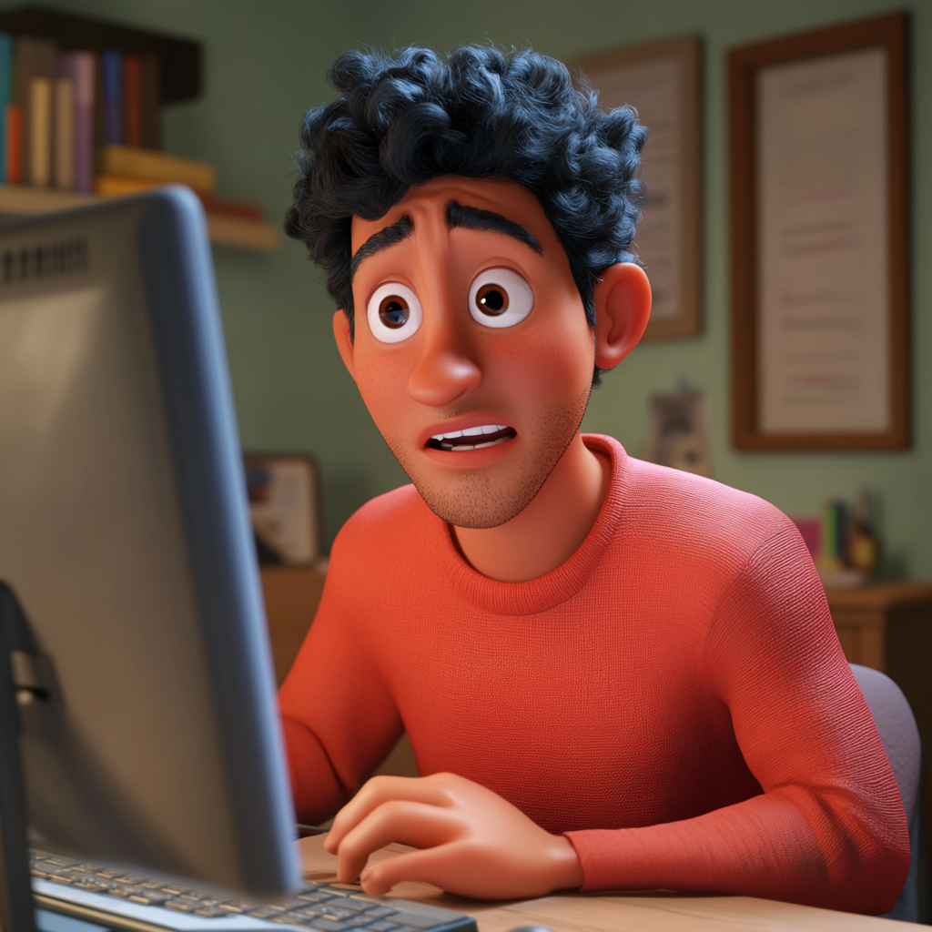 Hispanic man working contentedly on computer, aged 27-33.