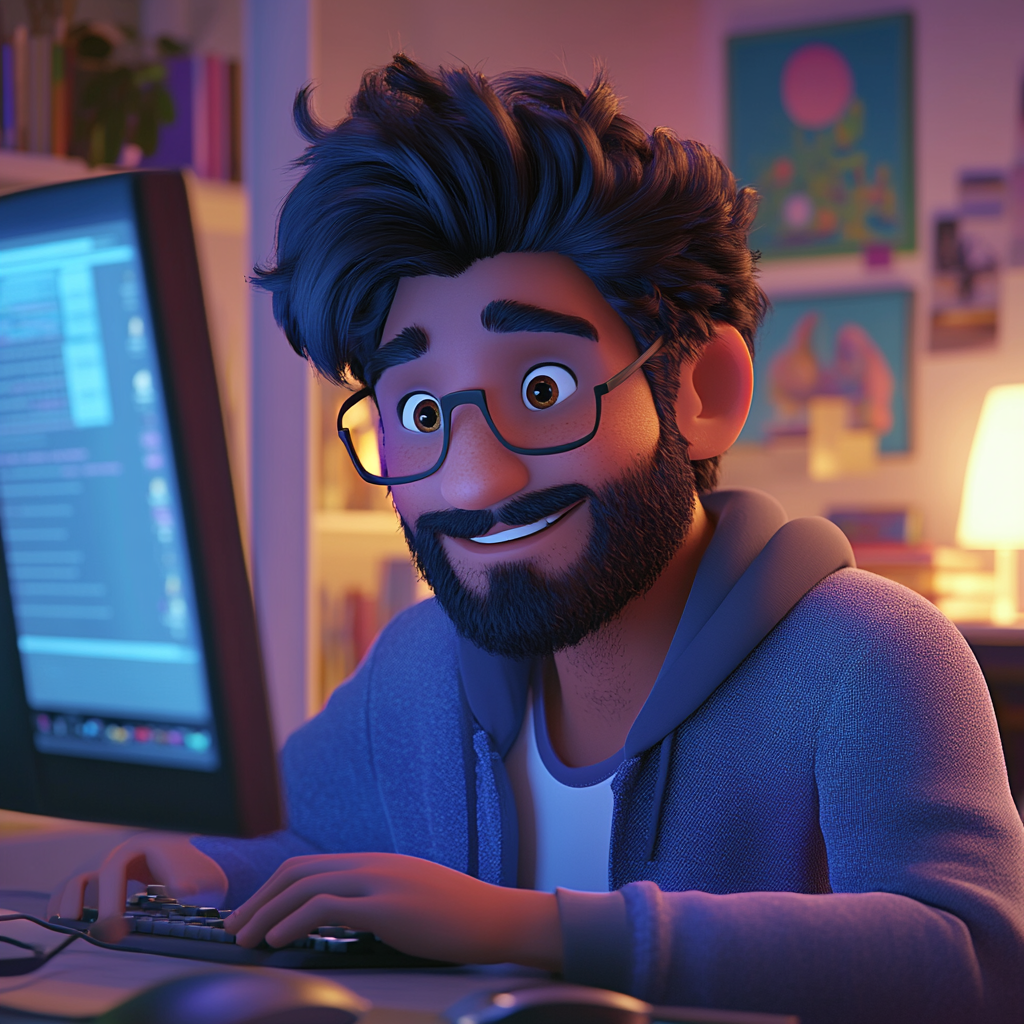 Hispanic man works happily on computer in dim room.