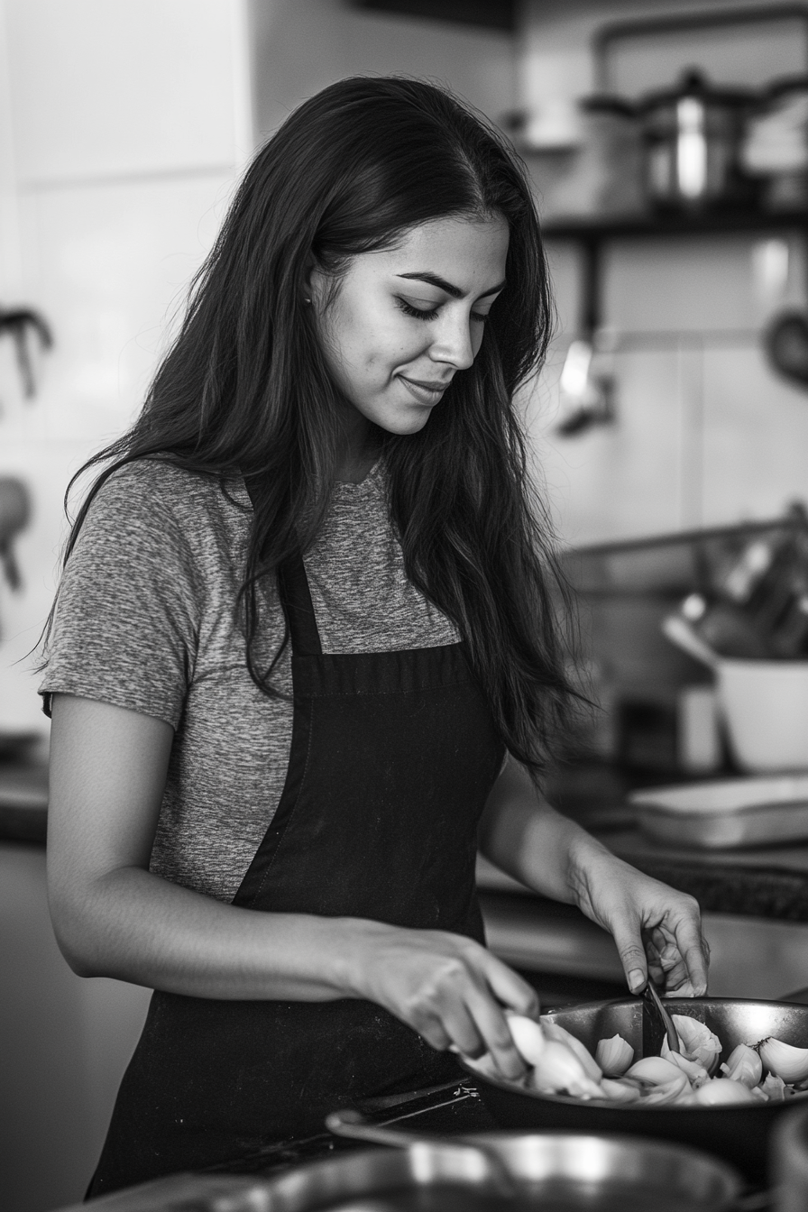 Hispanic woman chopping onions, smiling, real photography -- raw