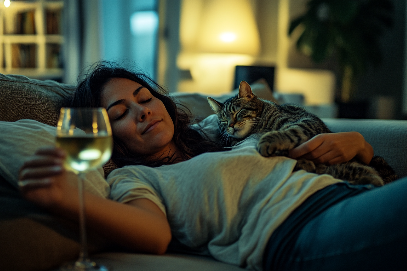 Hispanic woman relaxing with cat, wine on couch, soft lighting.