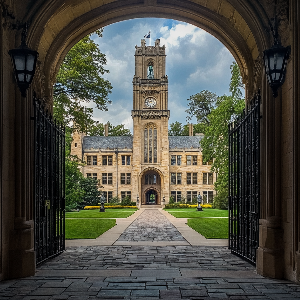 Historic university campus with grand architecture and elegant surroundings.