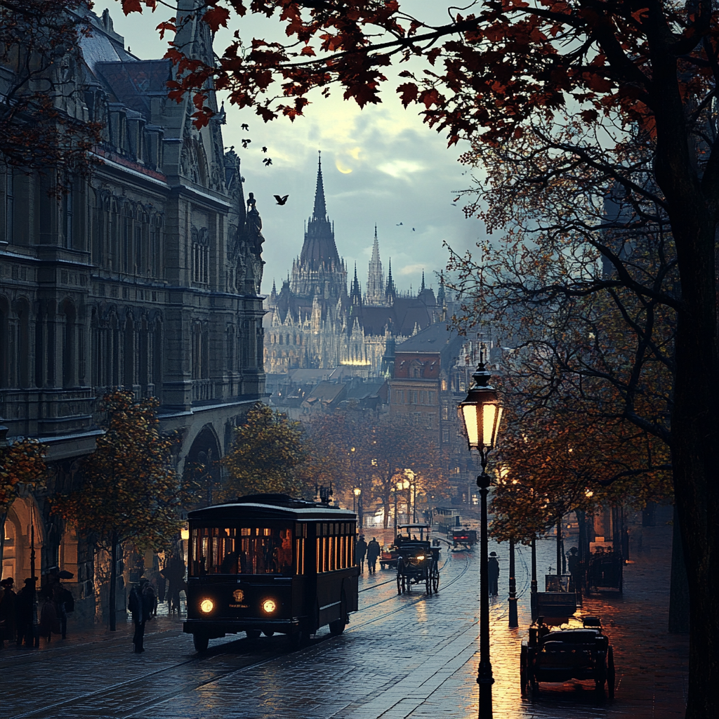 Historical 1900s Budapest cityscape with old buildings and cars.