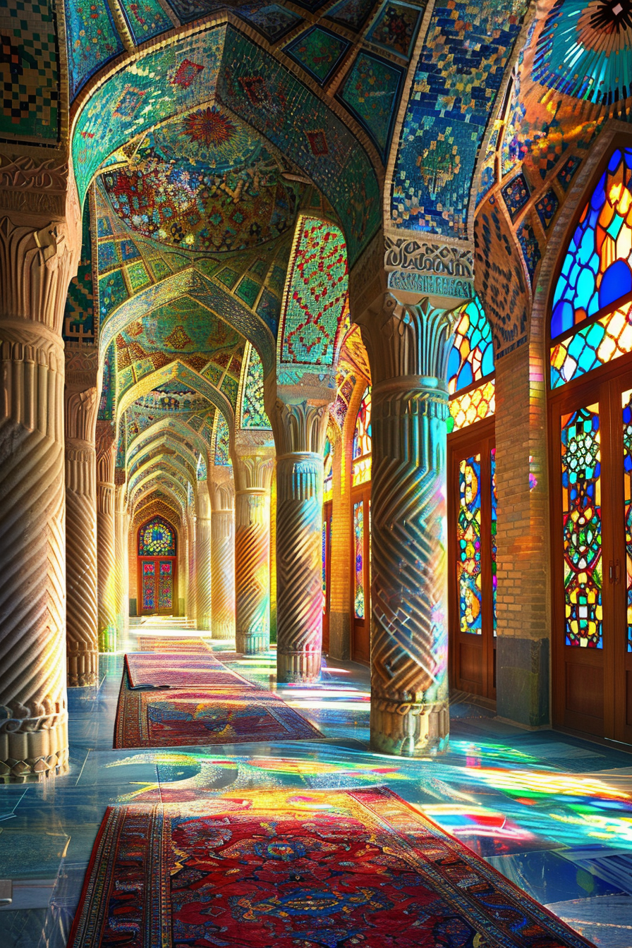 Historical Iranian mosque hallway with colorful stained-glass windows.