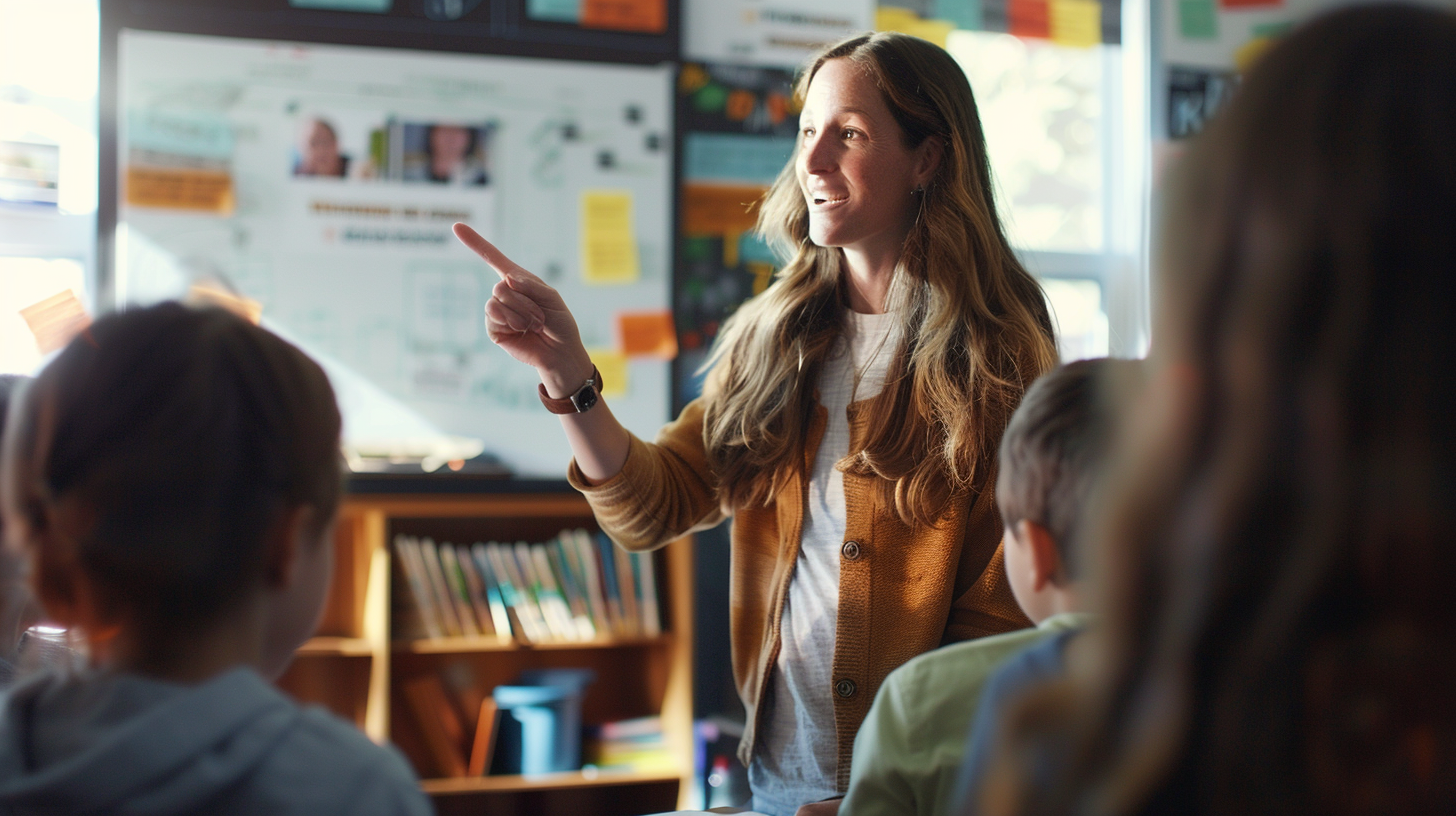 History teacher engaging students in modern classroom with Canon EOS 5D.