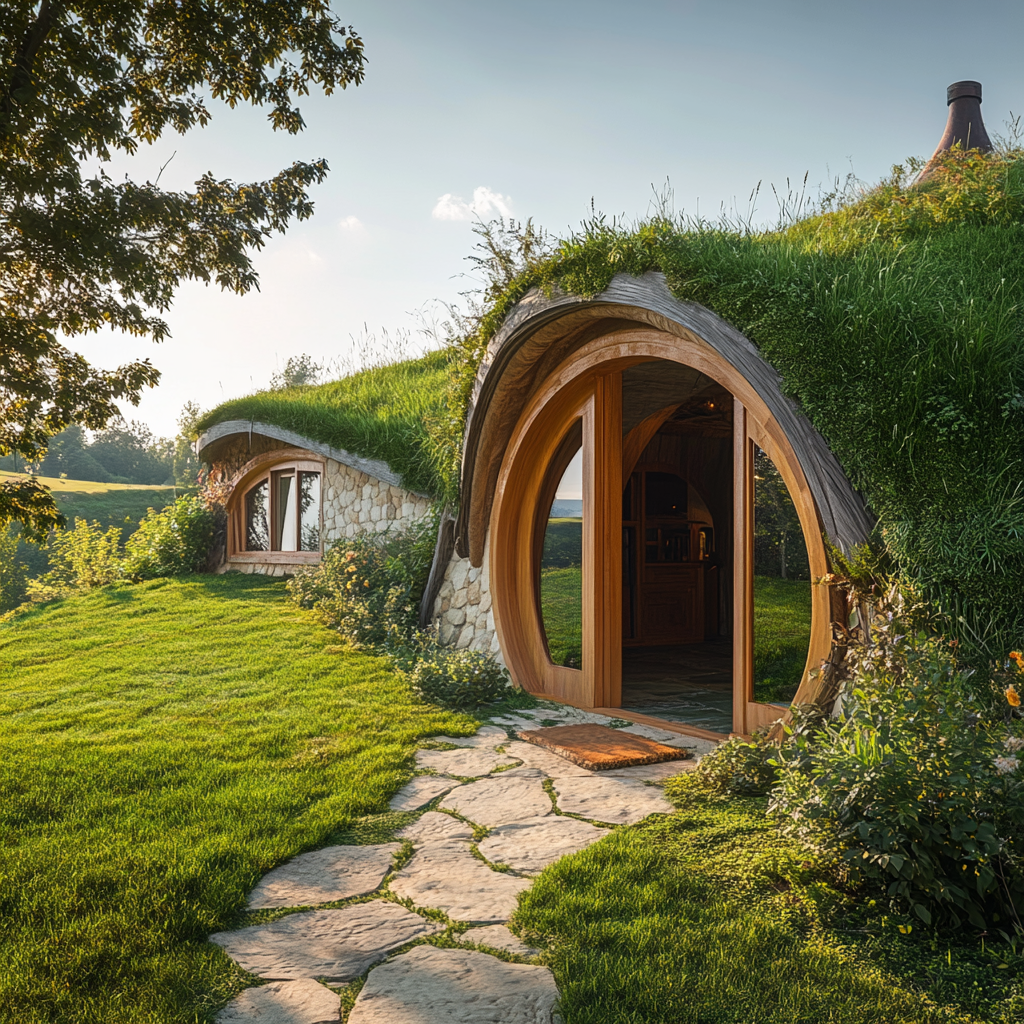 Hobbit Style House with Green Roof on Stone Wall 