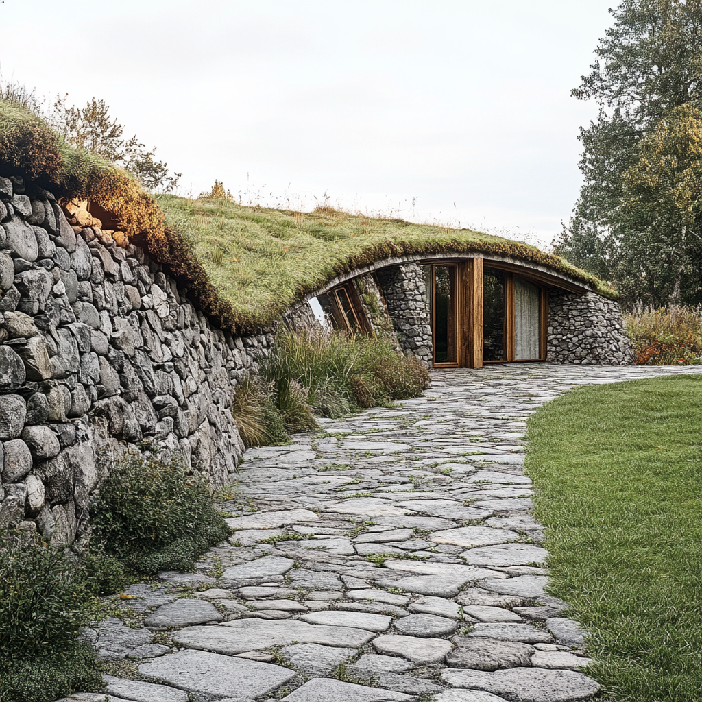 Hobbit-Style House with Vegetated Roof on Stone Terrace