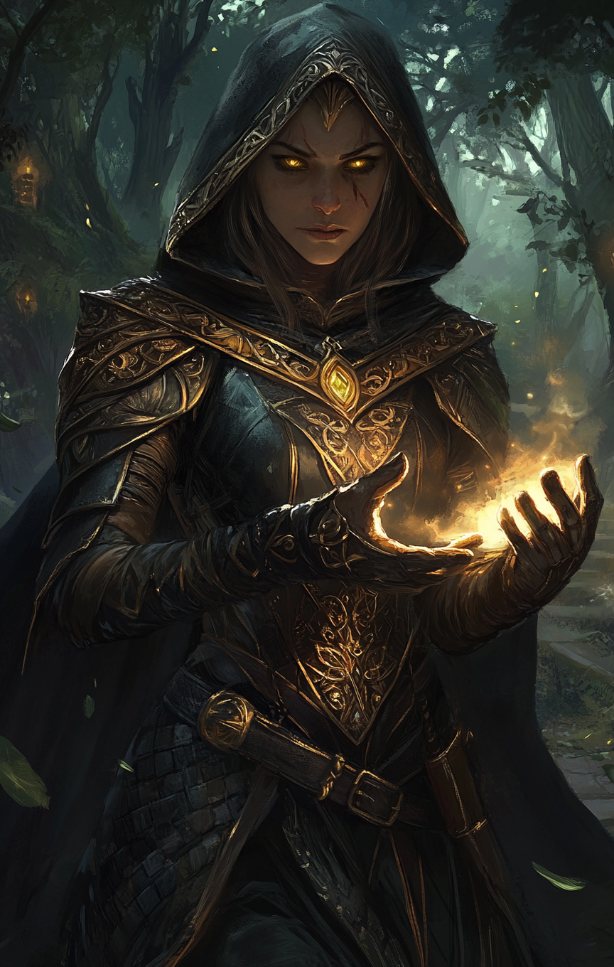 Hobbit female bandit mage casting magic in night forest.