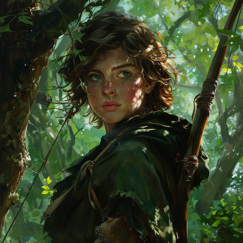 Hobbit girl in green cloak watches bandits in forest.