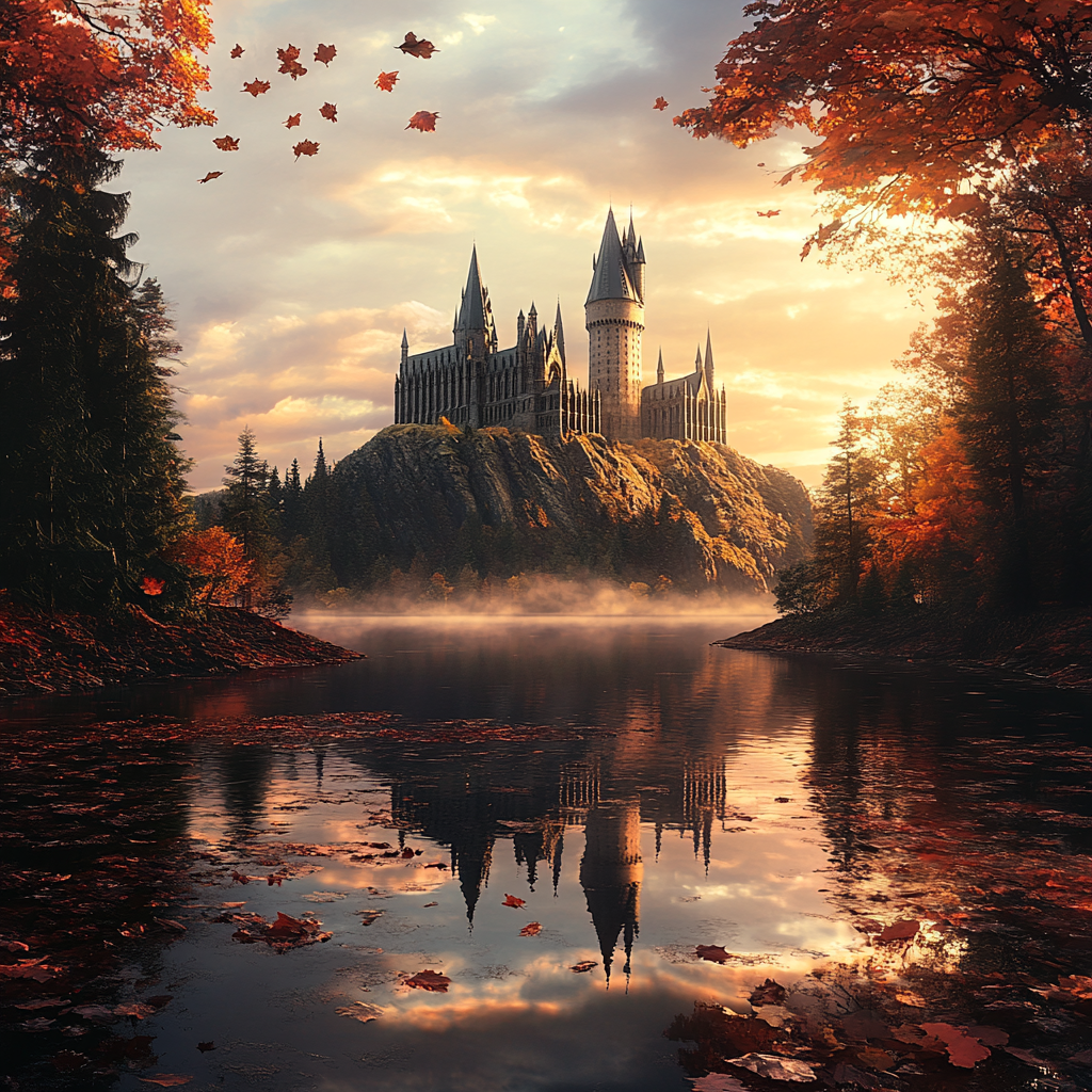 Hogwarts in fall with moody sky, fallen leaves.