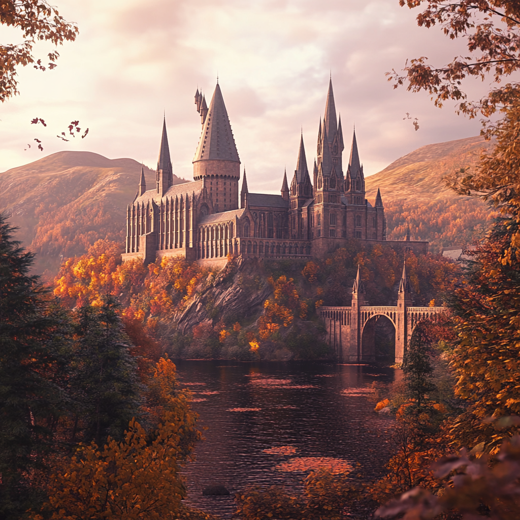 Hogwarts in fall: magical and serene scene.