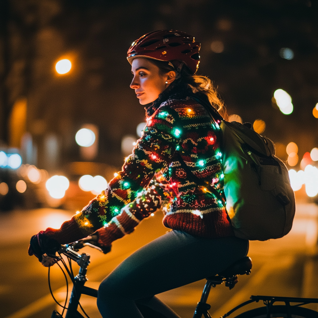 Holiday Cyclist in Festive Sweater on City Street