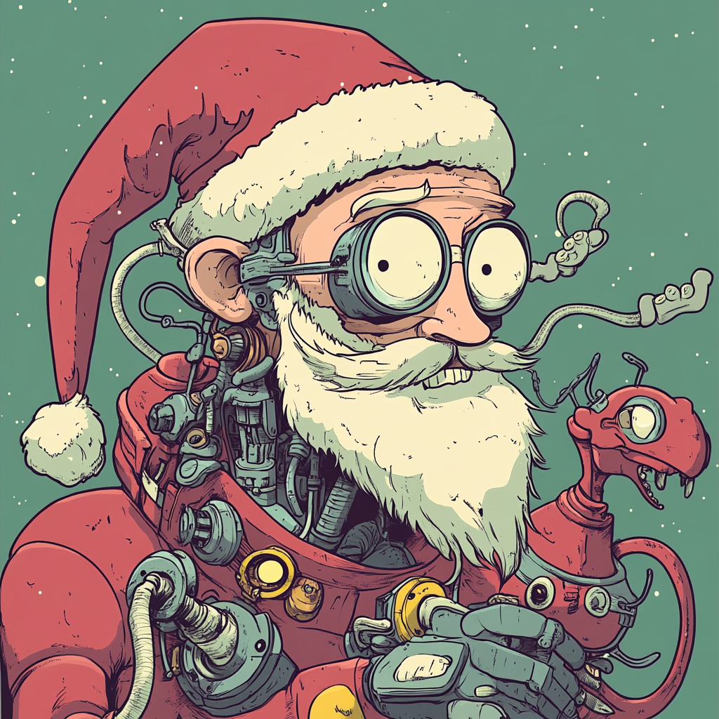 Holiday Robot Holds Alien Dog in Groening Style