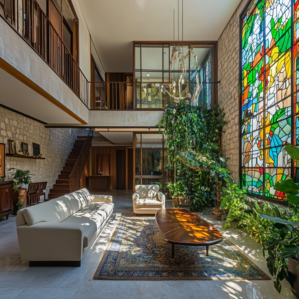 Holiday home lounge with greenery, stained glass window.