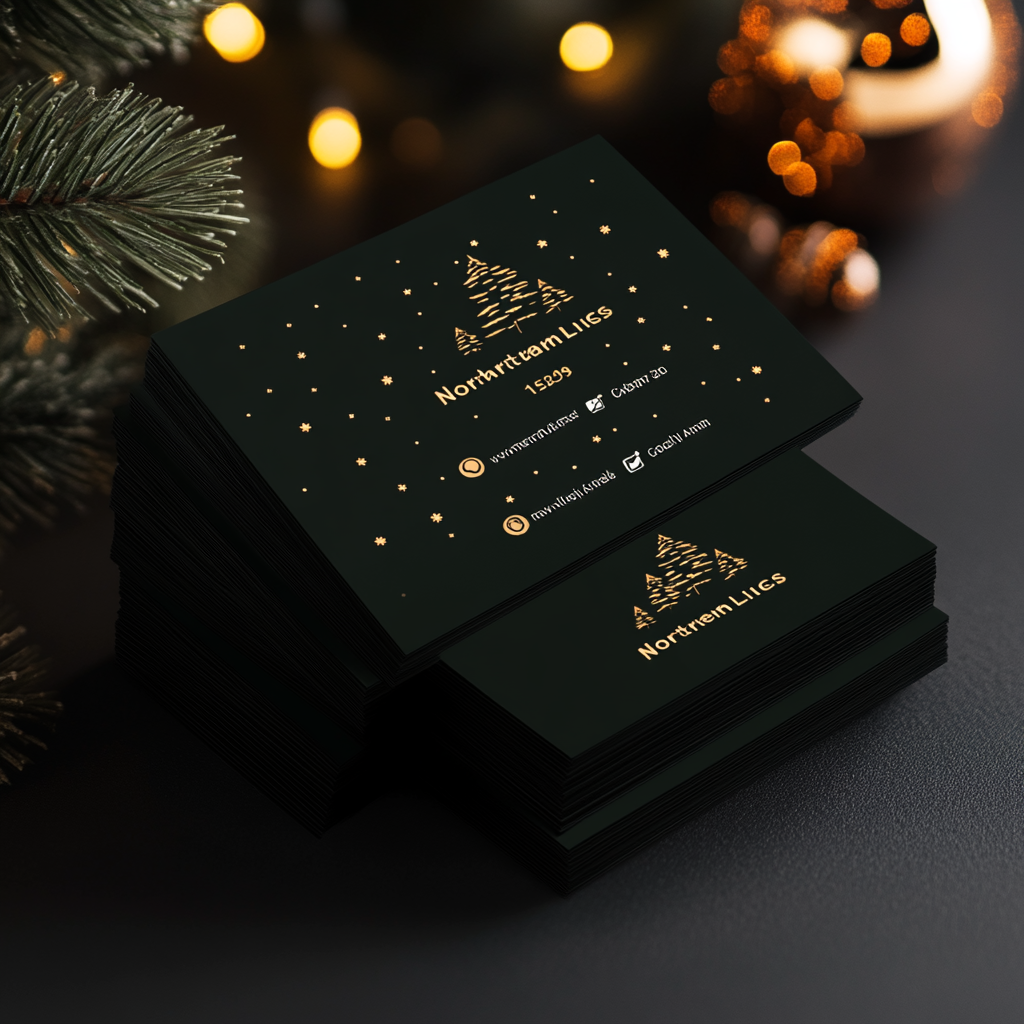 Holiday lighting company card with festive design