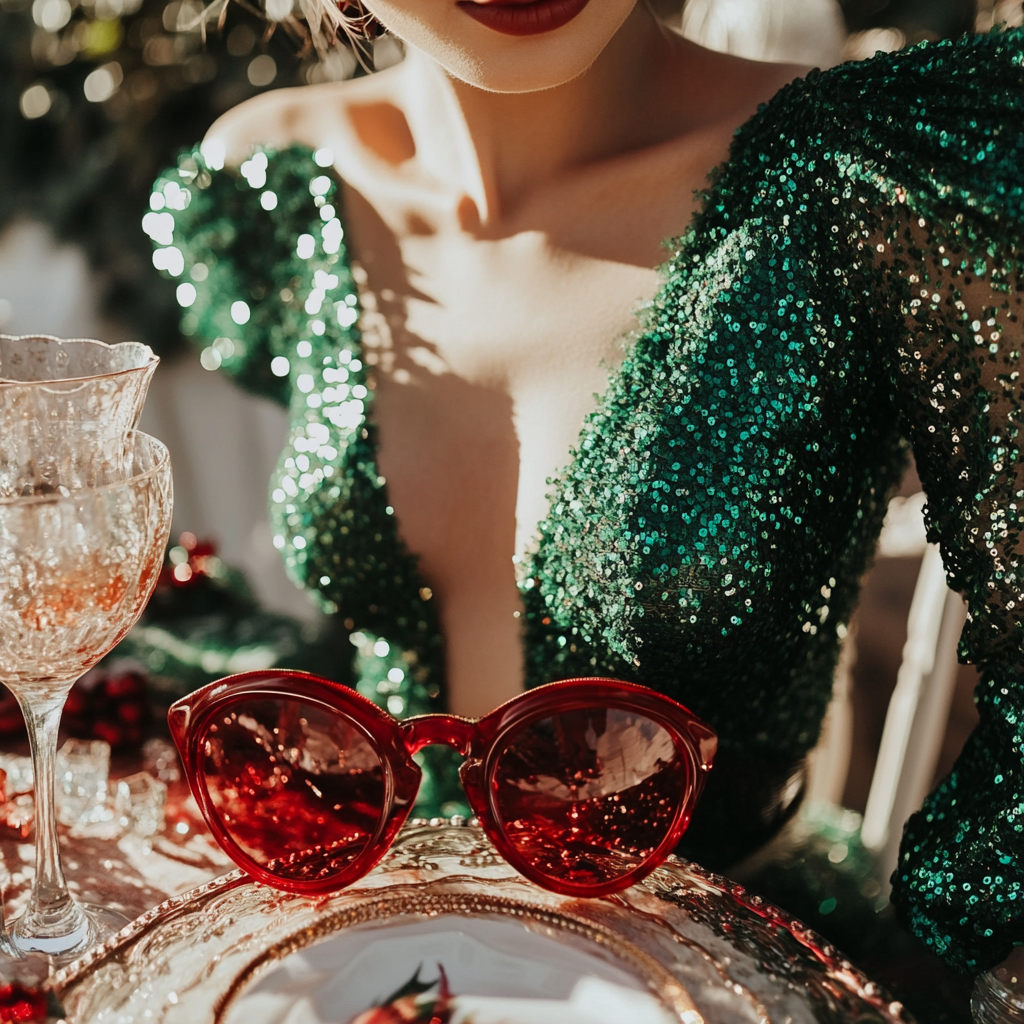 Holiday table with colorful fabrics, person wearing sequins