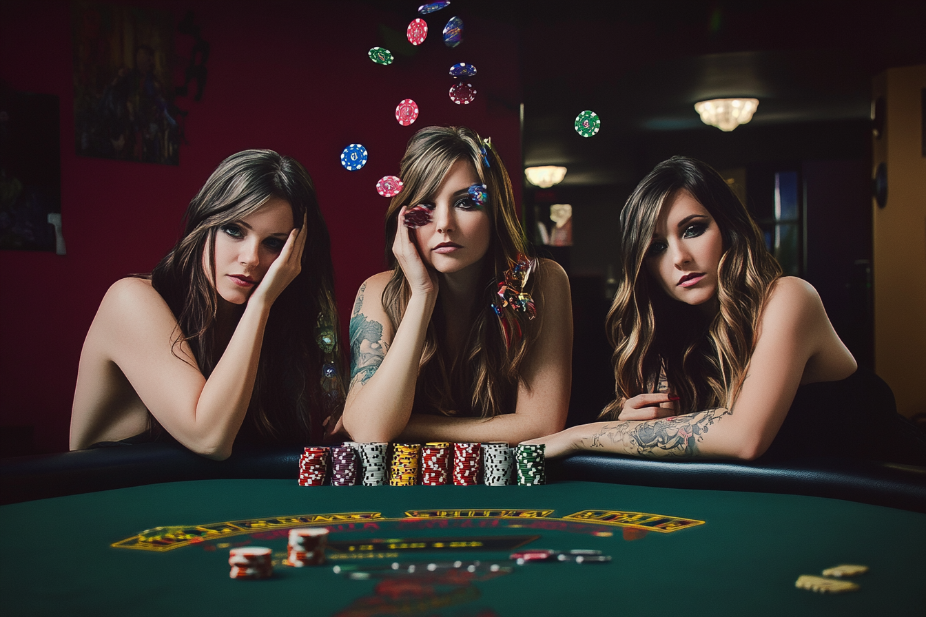 Holly Randall-style photography, beautiful women at poker table.